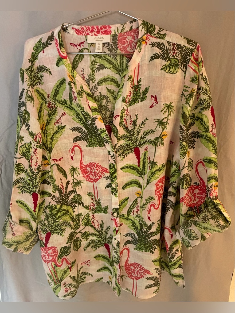 Lightweight Flamingo ladies Print Linen Shirt - Pink & Green XL